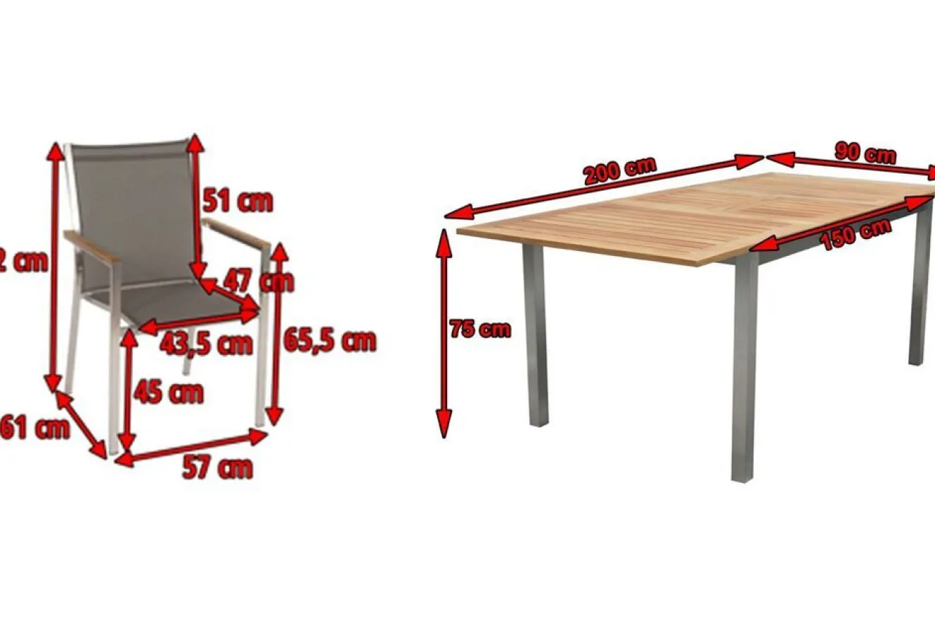 STERN Cardiff Garten-Essgruppe, silber/taupe, Edelstahl/Teak, Tisch 150/200 x 90 cm, 6 Stapelsessel