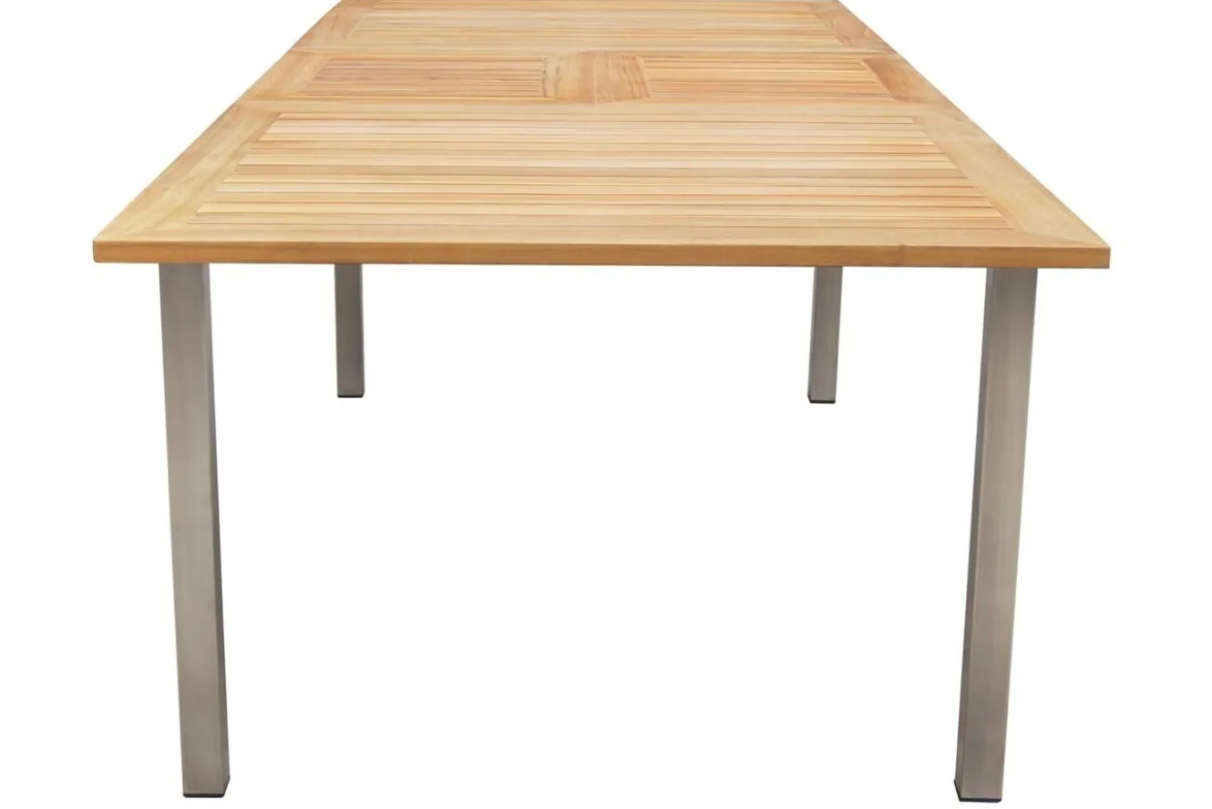 STERN Cardiff Garten-Essgruppe, silber/silbergrau, Edelstahl/Teak, Tisch 180/240 x 100 cm, 6 Stapelsessel, FSC®-zertifiziertes Produkt
