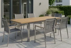 STERN Cardiff Garten-Essgruppe, silber/silbergrau, Edelstahl/recyceltes Teak, Tisch 200/260 x 100 cm, 6 Stapelsessel, FSC®-zertifiziertes Produkt