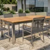 STERN Cardiff Garten-Essgruppe, silber/silbergrau, Edelstahl/Teak, Tisch 220/340 x 100 cm, 6 Stapelsessel, FSC®-zertifiziertes Produkt