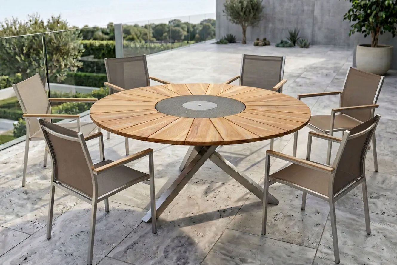 STERN Cardiff Garten-Essgruppe, silber/taupe, Edelstahl/Teak, Tisch Ø 170 cm, 6 Stapelsessel, FSC®-zertifiziertes Produkt
