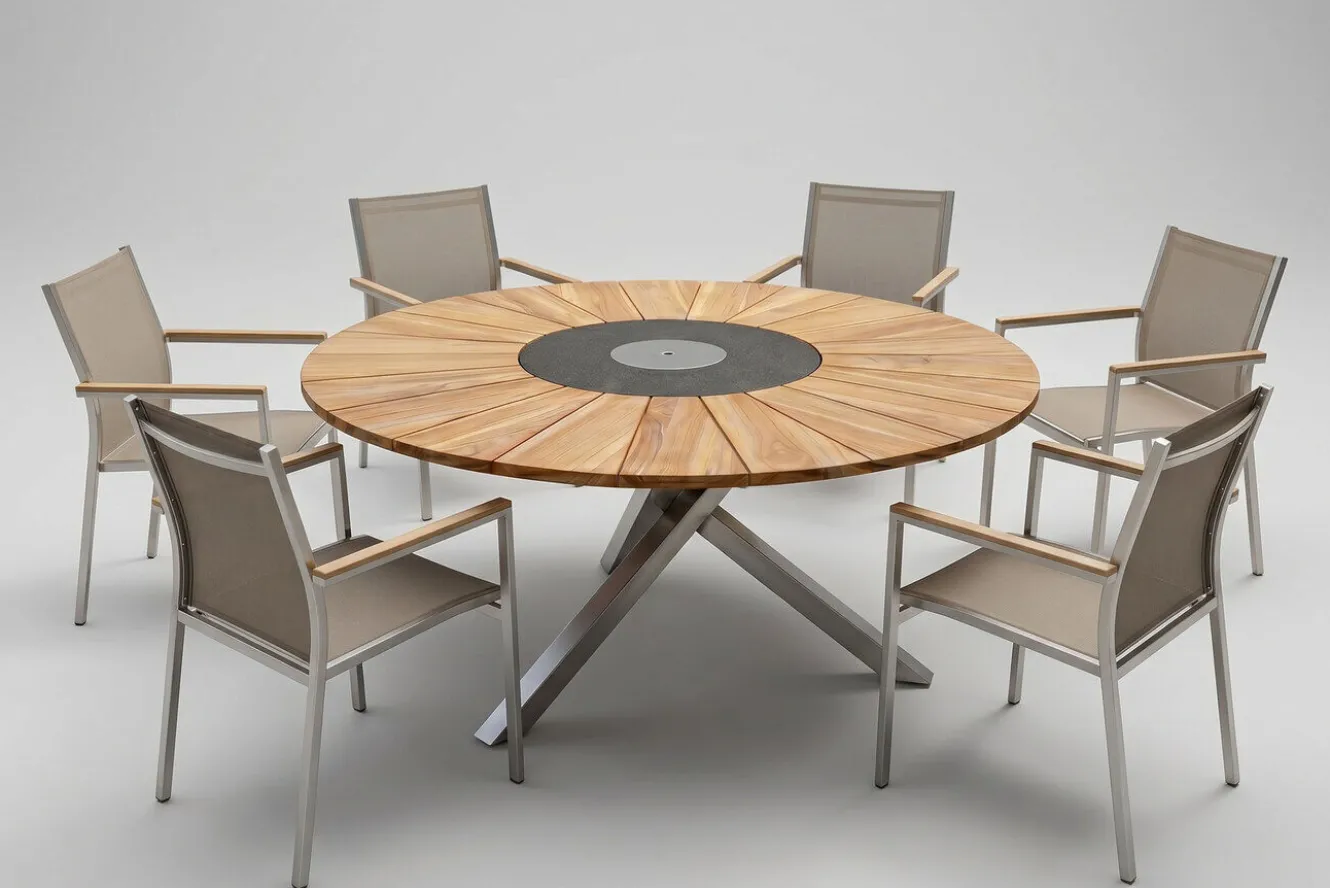 STERN Cardiff Garten-Essgruppe, silber/taupe, Edelstahl/Teak, Tisch Ø 170 cm, 6 Stapelsessel, FSC®-zertifiziertes Produkt