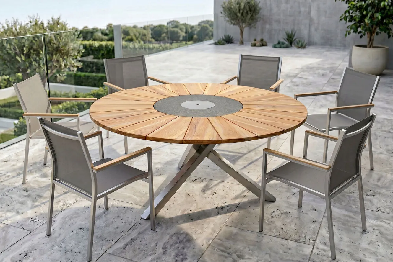 STERN Cardiff Garten-Essgruppe, silber/silbergrau, Edelstahl/Teak, Tisch Ø 170 cm, 6 Stapelsessel, FSC®-zertifiziertes Produkt