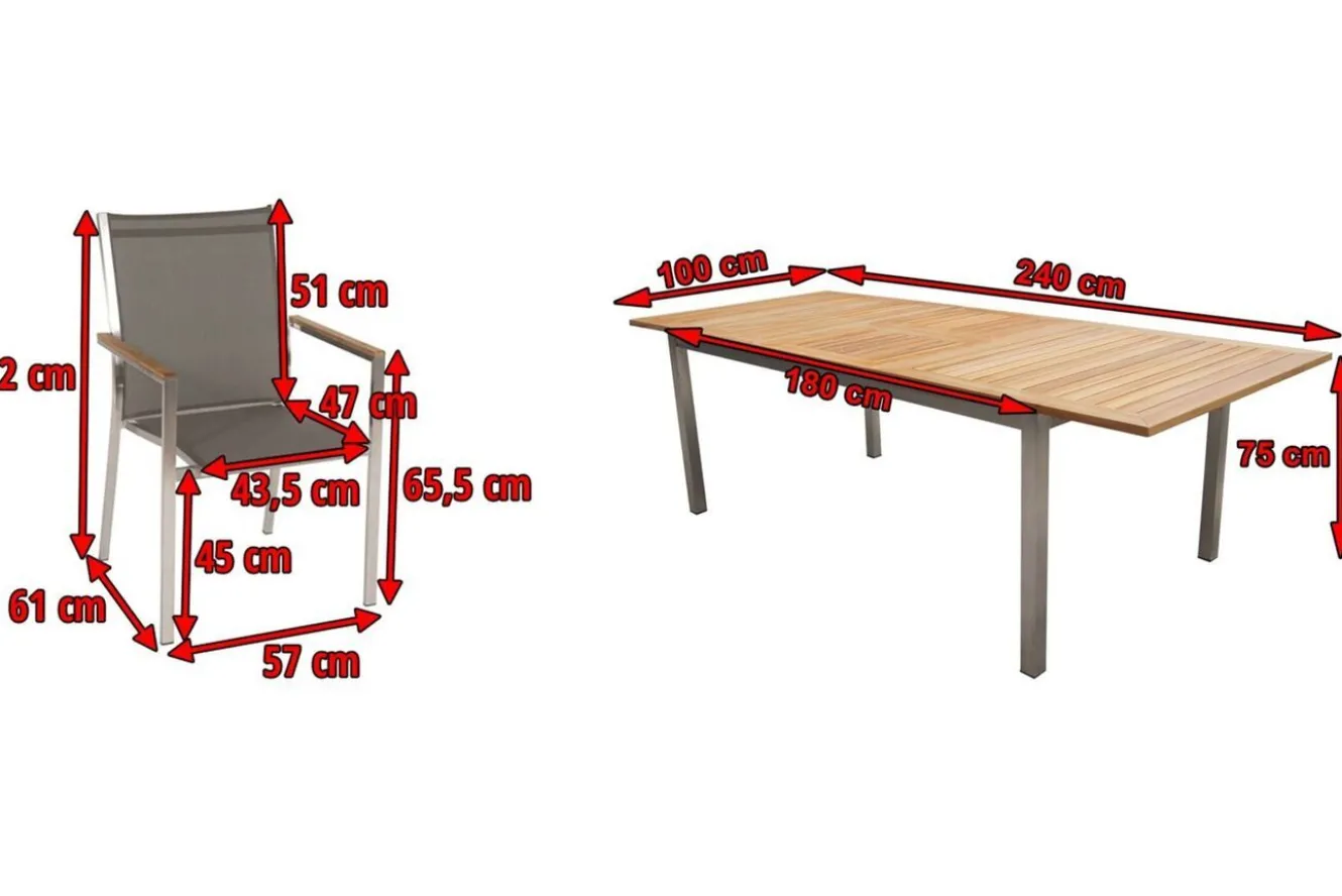 STERN Cardiff Garten-Essgruppe, silber/taupe, Edelstahl/Teak, Tisch 180/240 x 100 cm, 6 Stapelsessel, FSC®-zertifiziertes Produkt