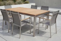 STERN Cardiff Garten-Essgruppe, silber/taupe, Edelstahl/Teak, Tisch 180/240 x 100 cm, 6 Stapelsessel, FSC®-zertifiziertes Produkt