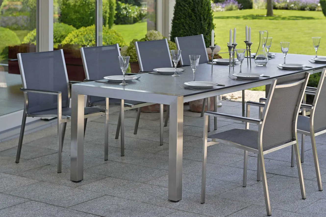 STERN Cardiff Stapelsessel, silbergrau, Edelstahl/Textil/Aluminiumarmlehnen, 61x57x92 cm, stapelbar