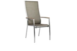 STERN Cardiff Stapelsessel, silber/taupe, Edelstahl/Textil/Armlehnen aus Teak, 68,5x56x110 cm, stapelbar