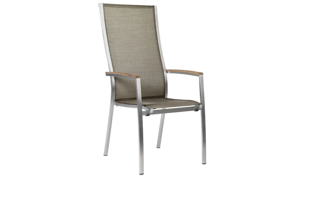 STERN Cardiff Stapelsessel, silber/taupe, Edelstahl/Textil/Armlehnen aus Teak, 68,5x56x110 cm, stapelbar