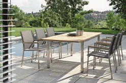STERN Polaris Garten-Essgruppe, silbergrau, Edelstahl/Textil, 162/220 x 90 cm, 6 Pers., Teakholz