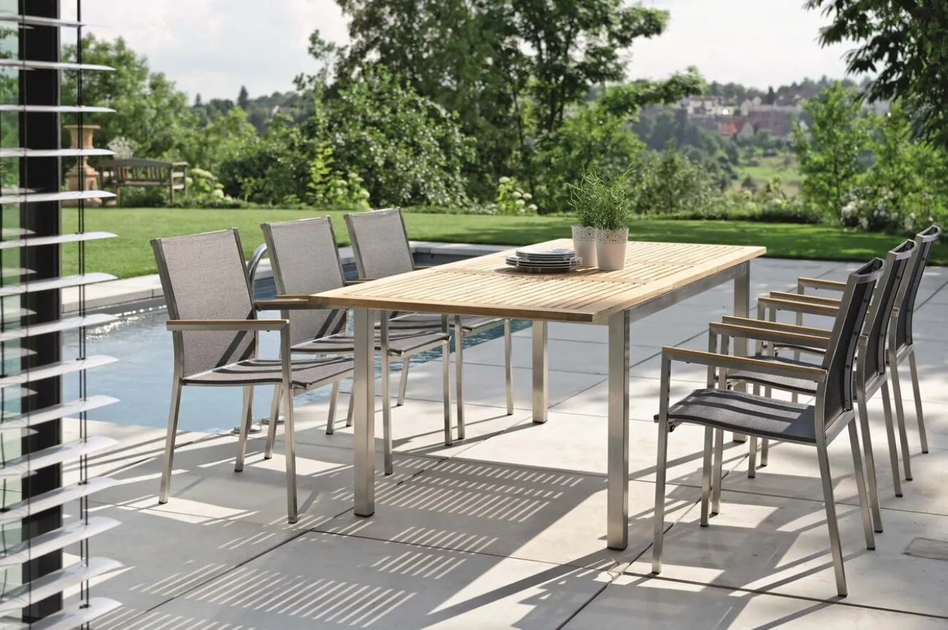 STERN Polaris Garten-Essgruppe, silbergrau, Edelstahl/Textil, 162/220 x 90 cm, 6 Pers., Teakholz