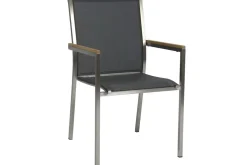 STERN Polaris Garten-Essgruppe, silbergrau, Edelstahl/Teak, Tisch 200/300 x 100 cm, 6 Stapelsessel, FSC®-zertifiziertes Produkt