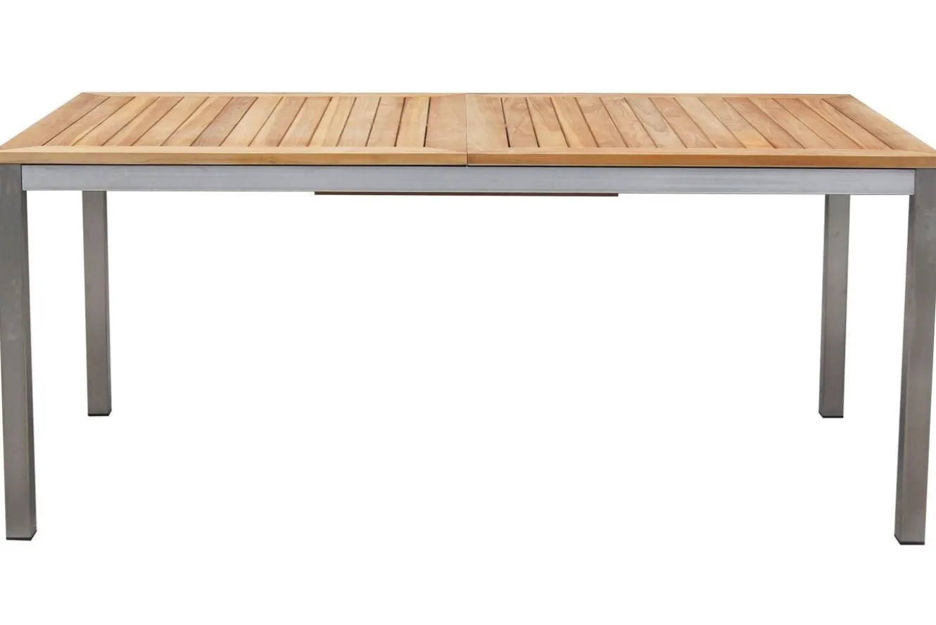 STERN Polaris Garten-Essgruppe, silbergrau, Edelstahl/Teak, Tisch 200/300 x 100 cm, 6 Stapelsessel, FSC®-zertifiziertes Produkt