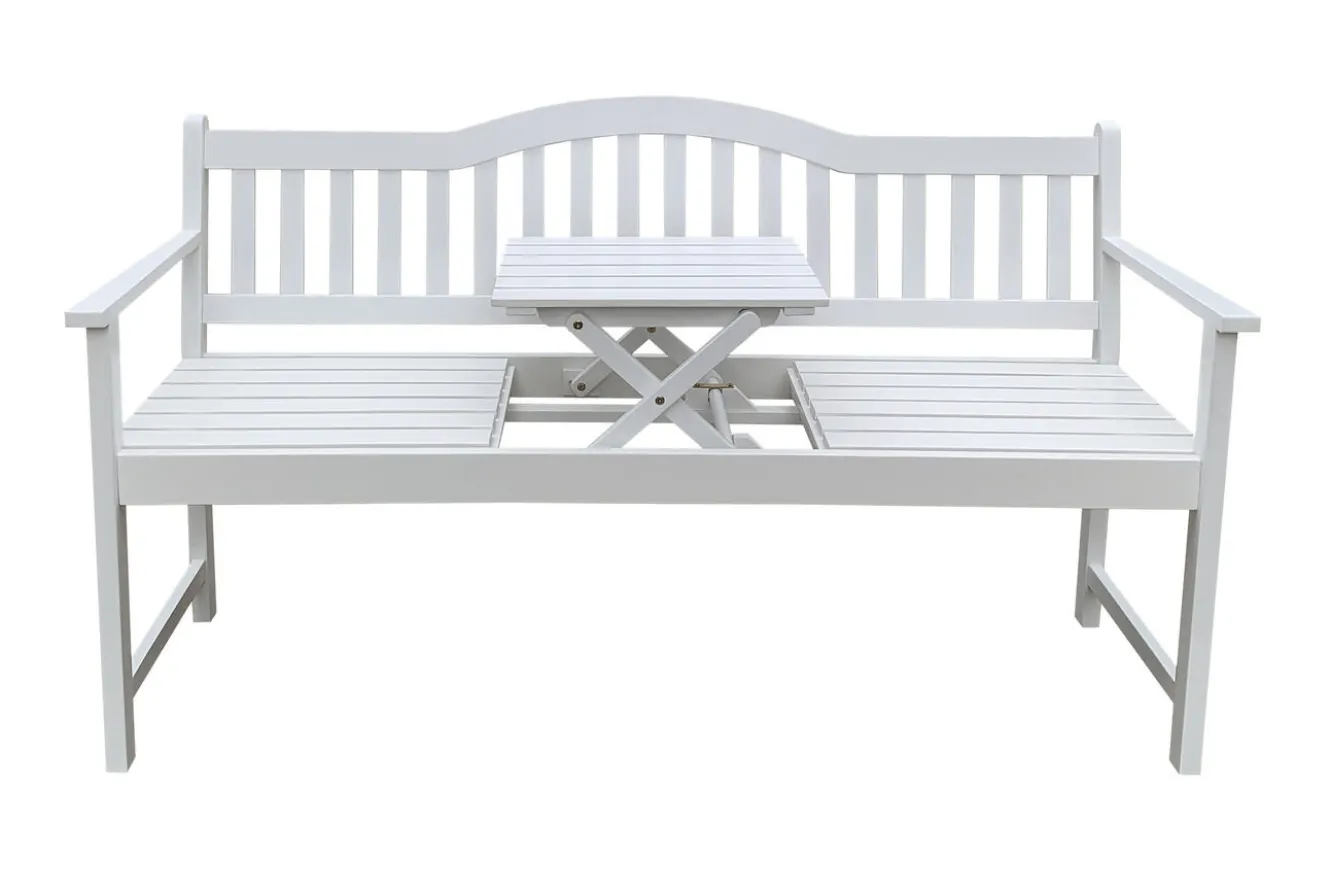 VILLANA Gartenbank, weiß, Akazie, 152 x 59 x 86 cm, 2-3 Personen, Klapptisch-Funktion, FSC®-zertifiziertes Produkt