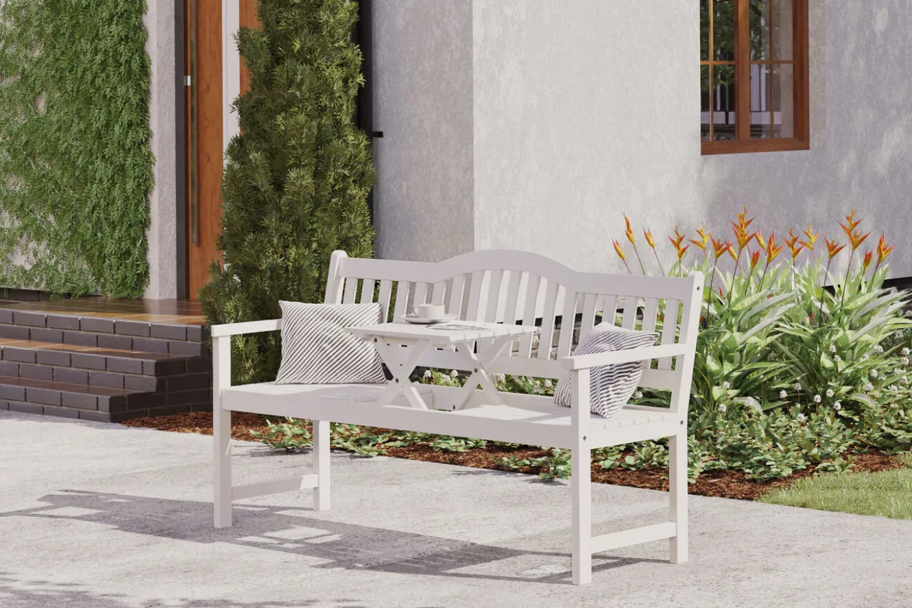 VILLANA Gartenbank, weiß, Akazie, 152 x 59 x 86 cm, 2-3 Personen, Klapptisch-Funktion, FSC®-zertifiziertes Produkt