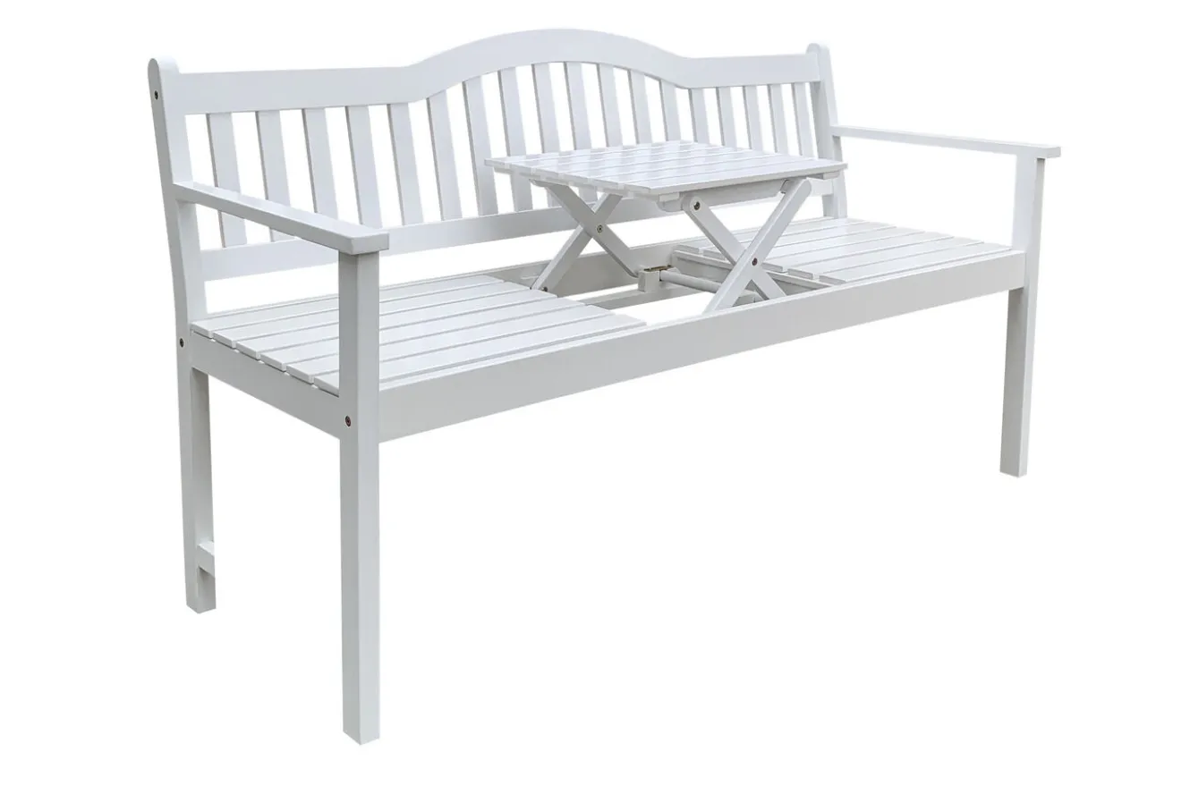 VILLANA Gartenbank, weiß, Akazie, 152 x 59 x 86 cm, 2-3 Personen, Klapptisch-Funktion, FSC®-zertifiziertes Produkt
