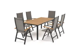 VILLANA Garten-Essgruppe, anthrazit/naturbelassen, Alu/Eukalyptus/Textilgewebe, Esstisch 180 x 90 cm, 6 Klappstühle, FSC®-zertifiziertes Produkt