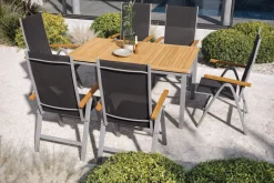 VILLANA Garten-Essgruppe mit 6 Klappstühlen, silber, Alu/Eukalyptus, ausziehbarer Tisch 150/200 x 90 cm, FSC®-zertifiziertes Produkt