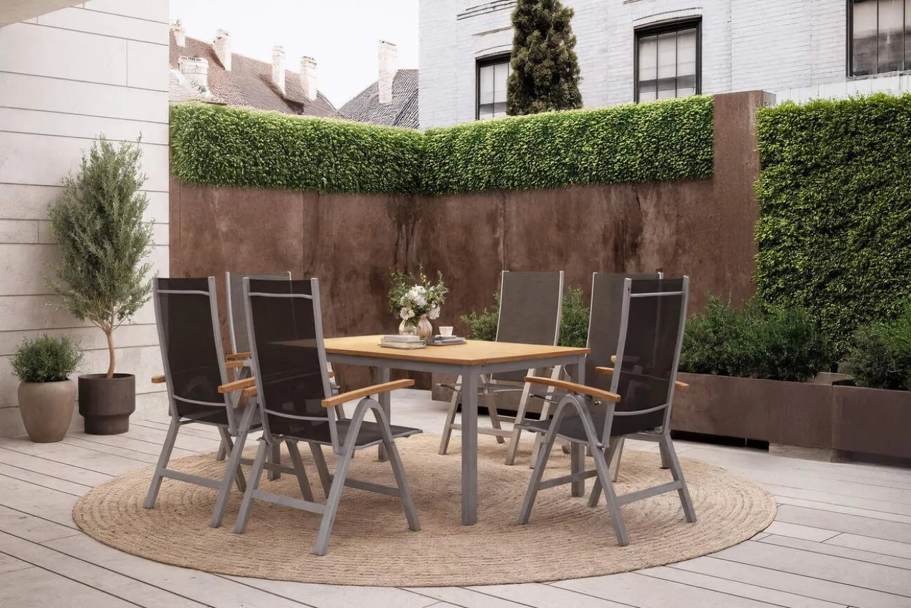 VILLANA Garten-Essgruppe mit 6 Klappstühlen, silber, Alu/Eukalyptus, ausziehbarer Tisch 150/200 x 90 cm, FSC®-zertifiziertes Produkt
