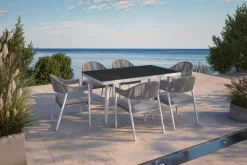 VILLANA Garten-Essgruppe mit 6 Stapelstühlen, matt weiß/grau, Alu/Polyester, Esstisch 155 x 90 cm