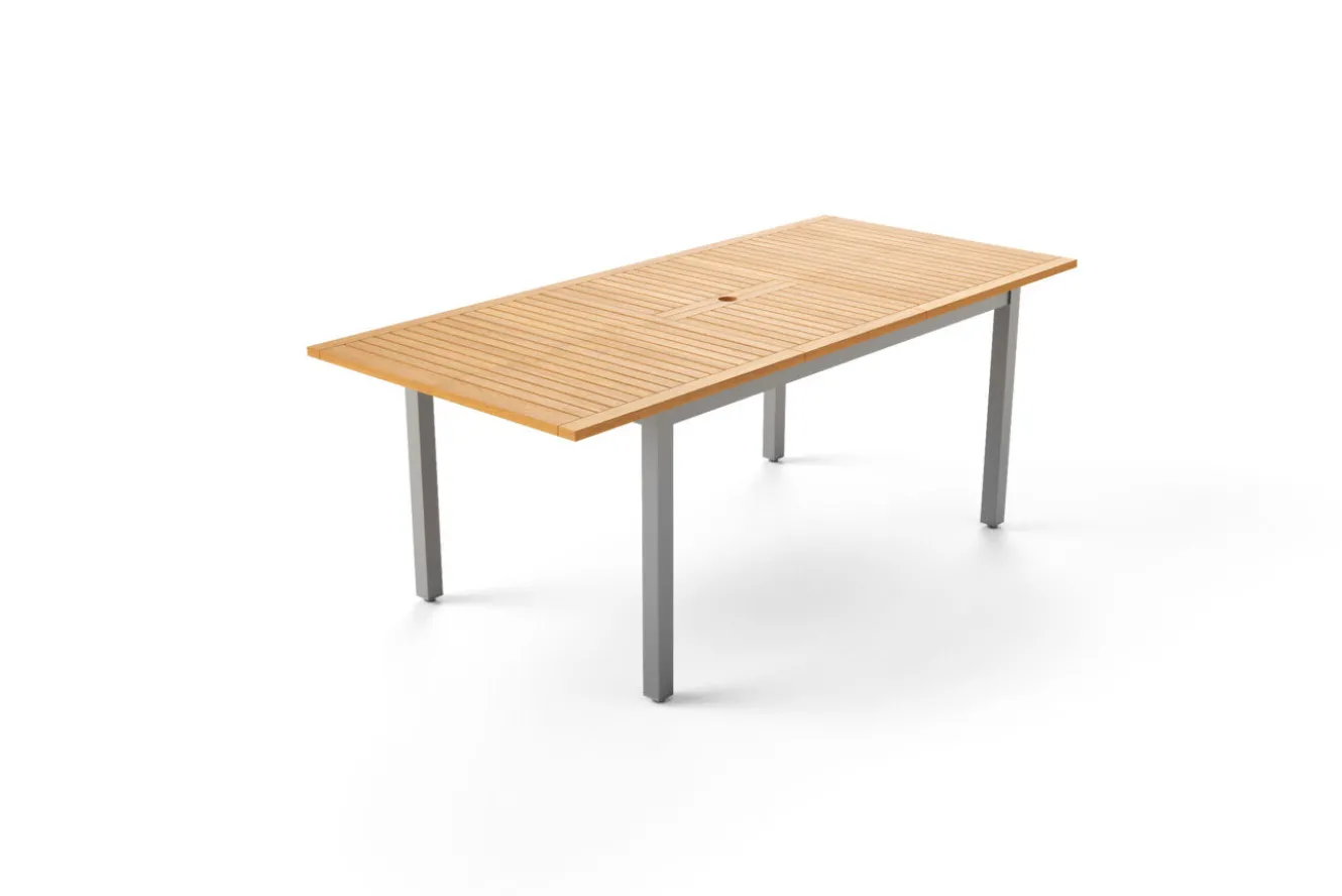 VILLANA Garten-Essgruppe mit 4 Klappstühlen, silber, Alu/Eukalyptus, ausziehbarer Tisch 150/200 x 90 cm, FSC®-zertifiziertes Produkt