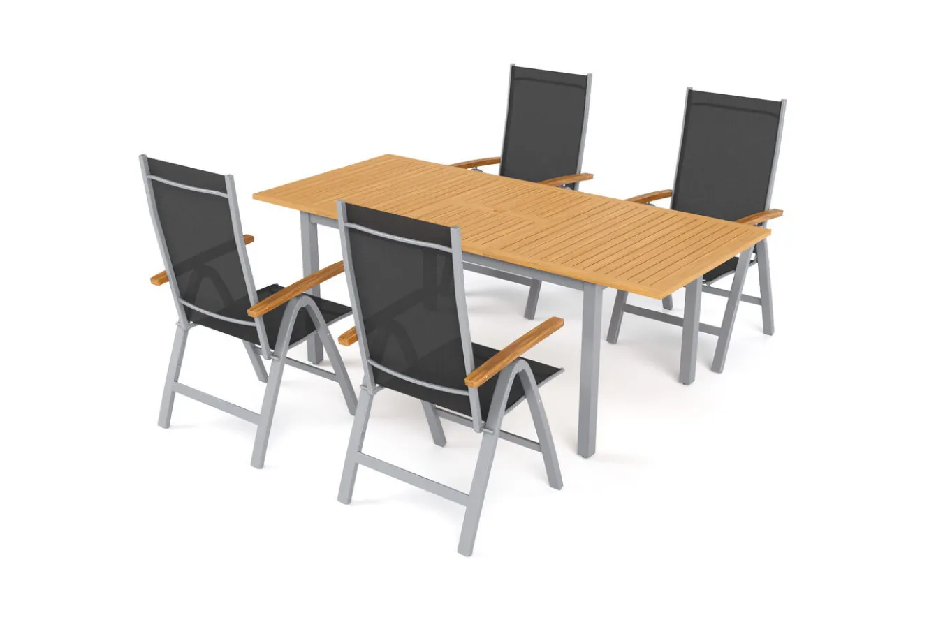 VILLANA Garten-Essgruppe mit 4 Klappstühlen, silber, Alu/Eukalyptus, ausziehbarer Tisch 150/200 x 90 cm, FSC®-zertifiziertes Produkt