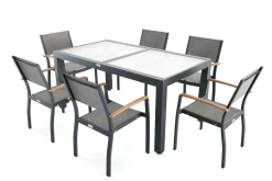 VILLANA Garten-Essgruppe mit 6 Sesseln, anthrazit/grau, Alu/Glas, Tisch ca. 160/220 x 90 cm, ausziehbar, witterungsbeständig, FSC®-zertifiziertes Produkt