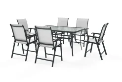 VILLANA Garten-Essgruppe mit 6 Klappstühlen, schwarz, Stahl/Textilene, Esstisch 150 x 90 cm