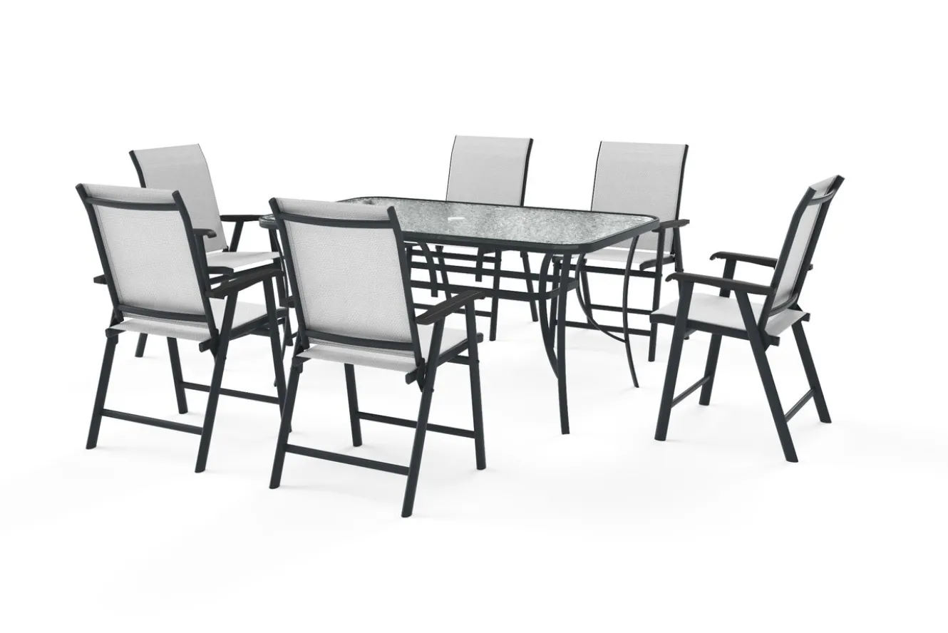 VILLANA Garten-Essgruppe mit 6 Klappstühlen, schwarz, Stahl/Textilene, Esstisch 150 x 90 cm
