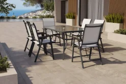 VILLANA Garten-Essgruppe mit 6 Klappstühlen, schwarz, Stahl/Textilene, Esstisch 150 x 90 cm
