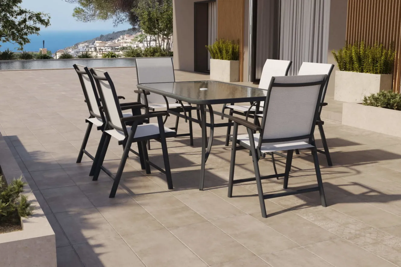 VILLANA Garten-Essgruppe mit 6 Klappstühlen, schwarz, Stahl/Textilene, Esstisch 150 x 90 cm