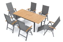 VILLANA Garten-Essgruppe, naturbelassen/anthrazit, Alu/Eukalyptus, Tisch 150/200 x 90 cm, 6 Sitzplätze, ausziehbar, FSC®-zertifiziertes Produkt