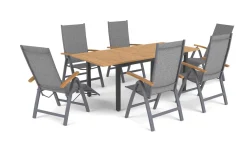 VILLANA Garten-Essgruppe, naturbelassen/anthrazit, Alu/Eukalyptus, Tisch 150/200 x 90 cm, 6 Sitzplätze, ausziehbar, FSC®-zertifiziertes Produkt