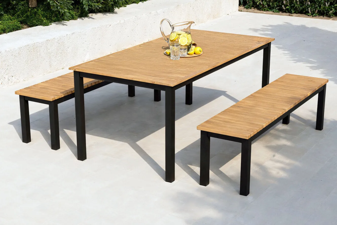 VILLANA Garten-Essgruppe, naturbelassen/anthrazit, Alu/Eukalyptus, Tisch 180 x 90 cm, 2 Gartenbänke, FSC®-zertifiziertes Produkt