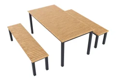 VILLANA Garten-Essgruppe, naturbelassen/anthrazit, Alu/Eukalyptus, Tisch 180 x 90 cm, 2 Gartenbänke, FSC®-zertifiziertes Produkt