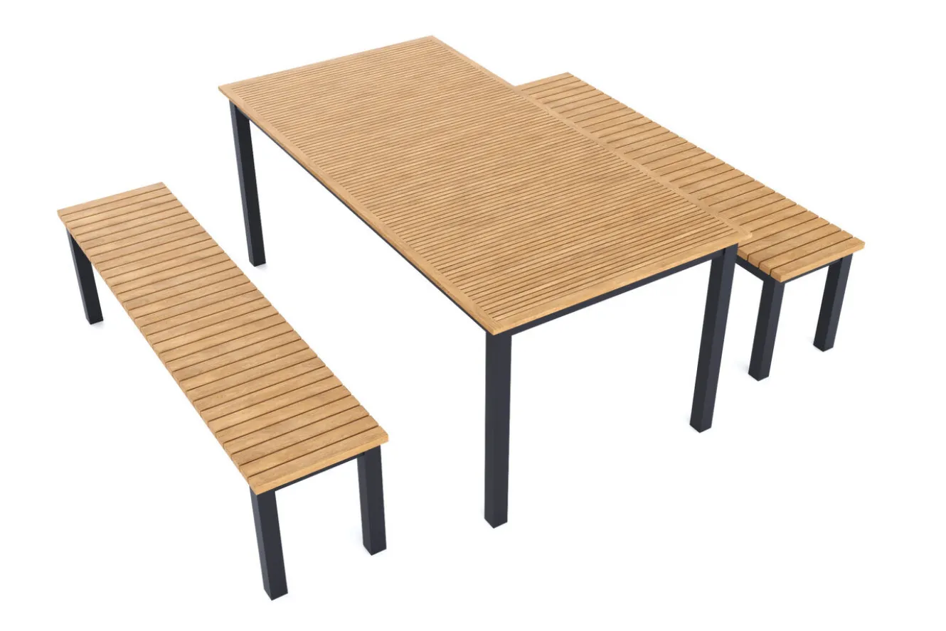 VILLANA Garten-Essgruppe, naturbelassen/anthrazit, Alu/Eukalyptus, Tisch 180 x 90 cm, 2 Gartenbänke, FSC®-zertifiziertes Produkt