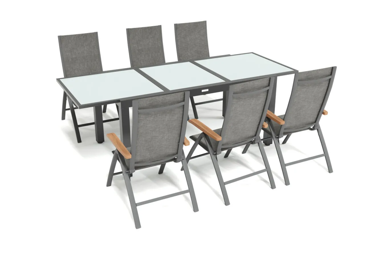 VILLANA Garten-Essgruppe, 6 Personen, ausziehbarer Tisch 160–220 cm, Aluminium/Glas/Eukalyptus