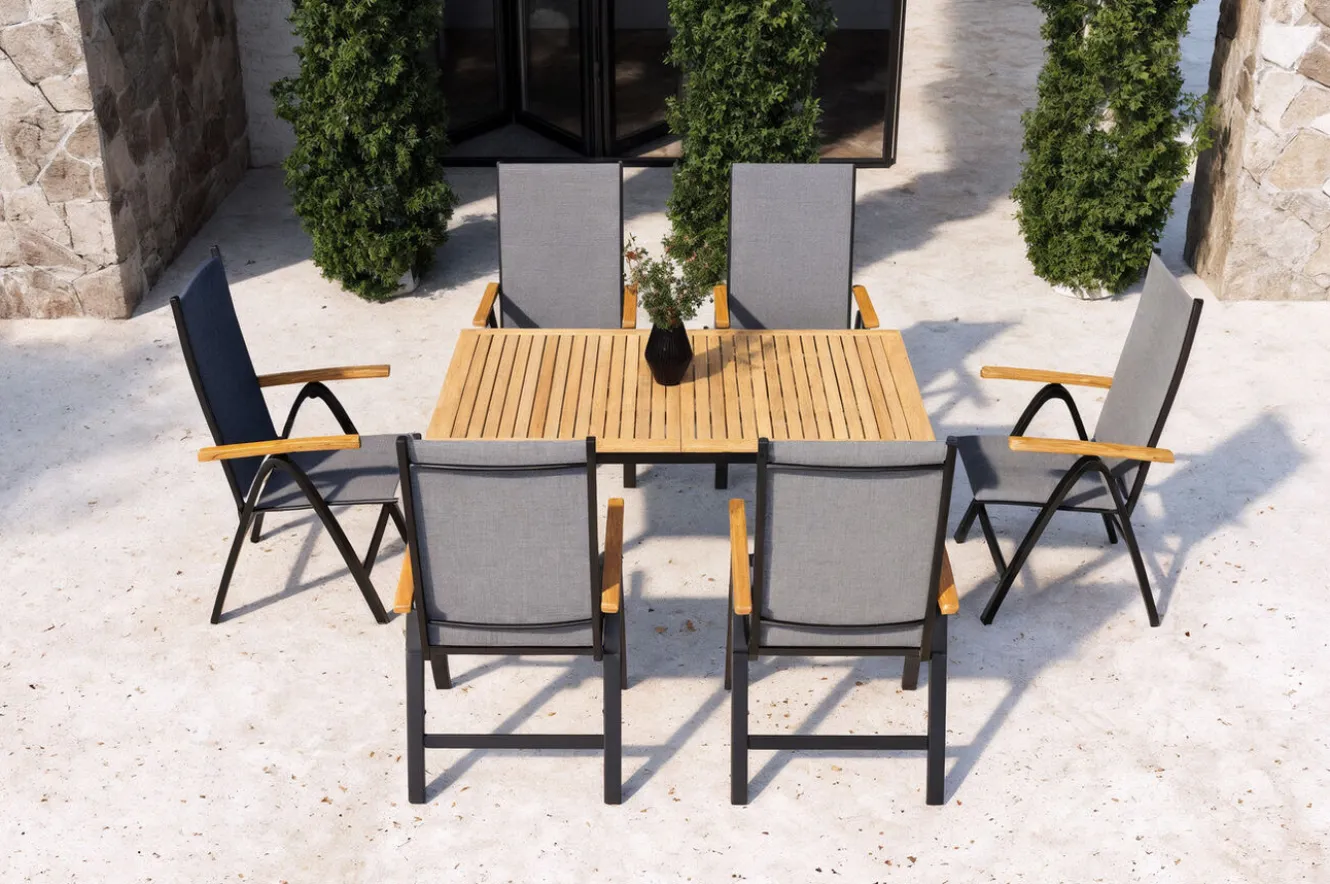 Villana Garten-Essgruppe, 6 Personen, ausziehbarer Tisch 150–200 cm, Aluminium /Eukalyptusholz FSC®-zertifiziert