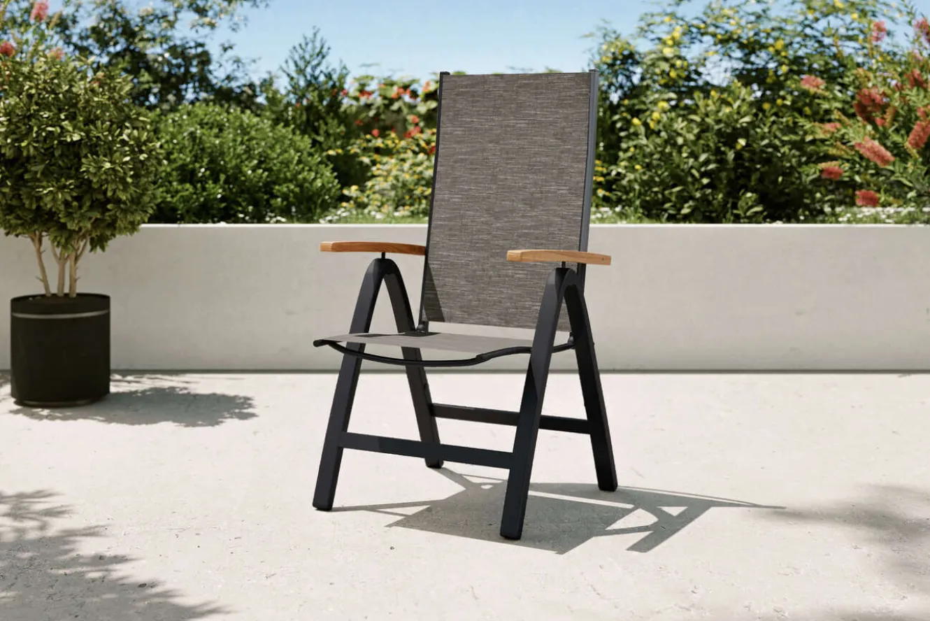 VILLANA Garten-Essgruppe, schwarz/grau, Aluminium/Eukalyptus, Tisch 150/200 x 90 cm, 4 Klappstühle, robust, ausziehbar, witterungsbeständig, FSC®-zertifiziertes Produkt
