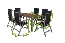 VILLANA Garten-Essgruppe, silber/schwarz, Alu / Akazie, Gartentisch 150 x 90 cm, 6 Klappstühle, FSC®-zertifiziertes Produkt