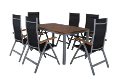 VILLANA Garten-Essgruppe, silber/schwarz, Alu / Akazie, Gartentisch 150 x 90 cm, 6 Klappstühle, FSC®-zertifiziertes Produkt