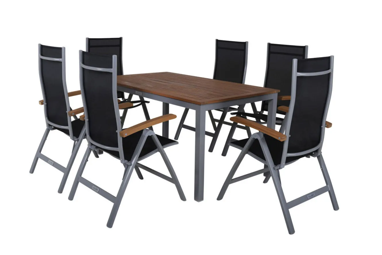 VILLANA Garten-Essgruppe, silber/schwarz, Alu / Akazie, Gartentisch 150 x 90 cm, 6 Klappstühle, FSC®-zertifiziertes Produkt