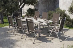 VILLANA Garten-Essgruppe, silber/schwarz, Alu/Textil, Tisch 160/220 cm, 8 Klappstühle