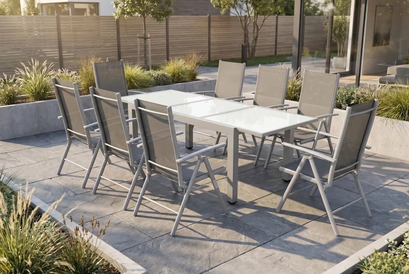 VILLANA Garten-Essgruppe, silber/schwarz, Alu/Textil, Tisch 160/220 cm, 8 Klappstühle