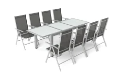 VILLANA Garten-Essgruppe, silber/schwarz, Alu/Textil, Tisch 160/220 cm, 8 Klappstühle