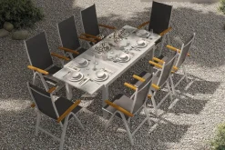 VILLANA Garten-Essgruppe, silber/anthrazit, Alu/ Eukalyptus, Ausziehtisch 160/220 x 90 cm, inkl 8 Klappstühle, FSC®-zertifiziertes Produkt