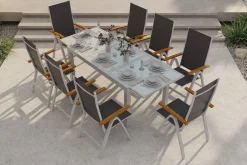 VILLANA Garten-Essgruppe, silber/anthrazit, Alu/ Eukalyptus, Ausziehtisch 160/220 x 90 cm, inkl 8 Klappstühle, FSC®-zertifiziertes Produkt