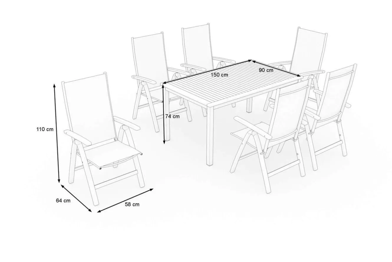 VILLANA Garten-Essgruppe, silber/natural, Alu/Eukalyptus, 150 x 90 x 74 cm, für 6 Personen, mit Fußkappen, witterungsbeständig, FSC®-zertifiziertes Produkt