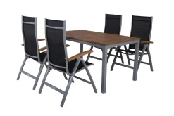 VILLANA Garten-Essgruppe, silber/schwarz, Alu / Akazie, Gartentisch 150 x 90 cm, 4 Klappstühle, FSC®-zertifiziertes Produkt