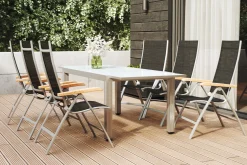 VILLANA Garten-Essgruppe, weiß/silber, Aluminium/Sicherheitsglas, Ausziehtisch 160/220 x 90 cm, 6 Klappstühle, FSC®-zertifiziertes Produkt