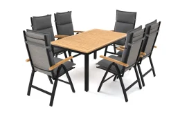 Villana Lagos Garten-Essgruppe, 6 Personen inkl. Sitzkissen, ausziehbarer Tisch 150–200 cm, Aluminium/Eukalyptusholz FSC®-zertifiziert
